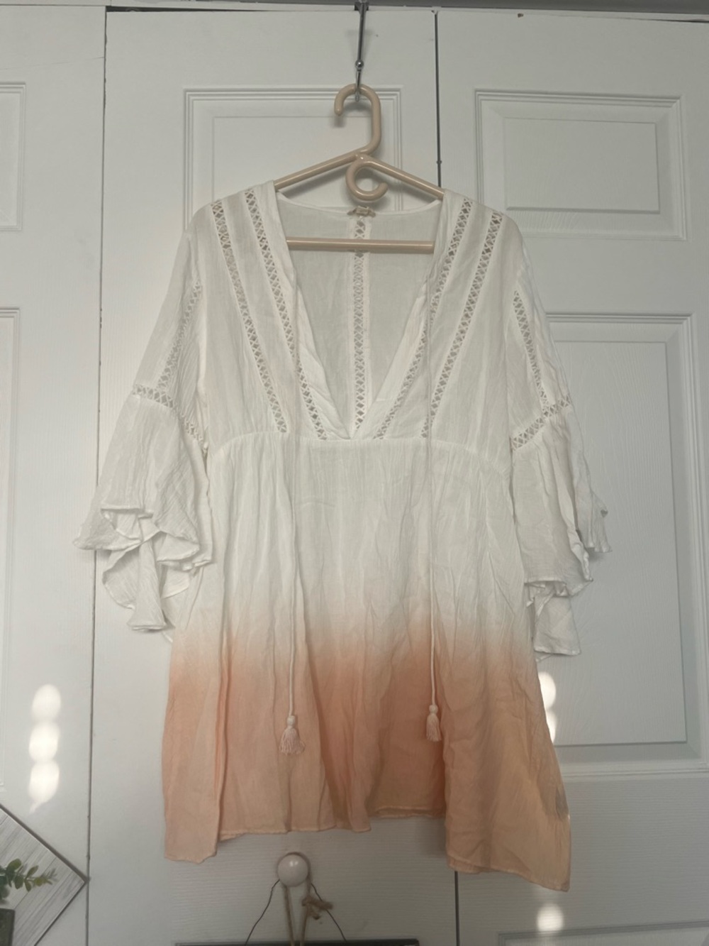 POL White to Peach Ombre Lace-Trim Peasant Blouse